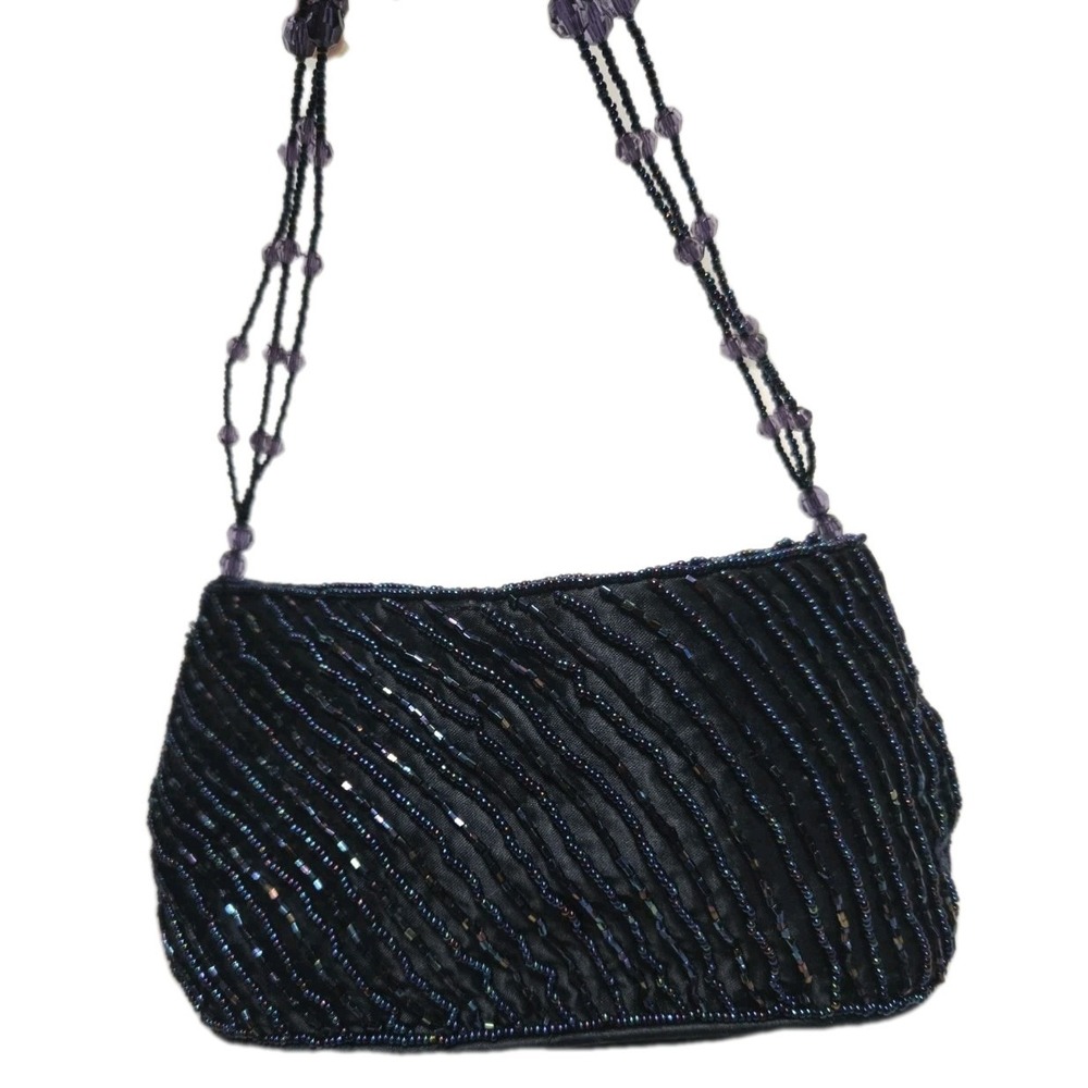HANDCRAFTED BLUE PLEATED BAG w/ BEAD DECORATION AND BEAD HANDLE‎ EVENING HANDBAG
